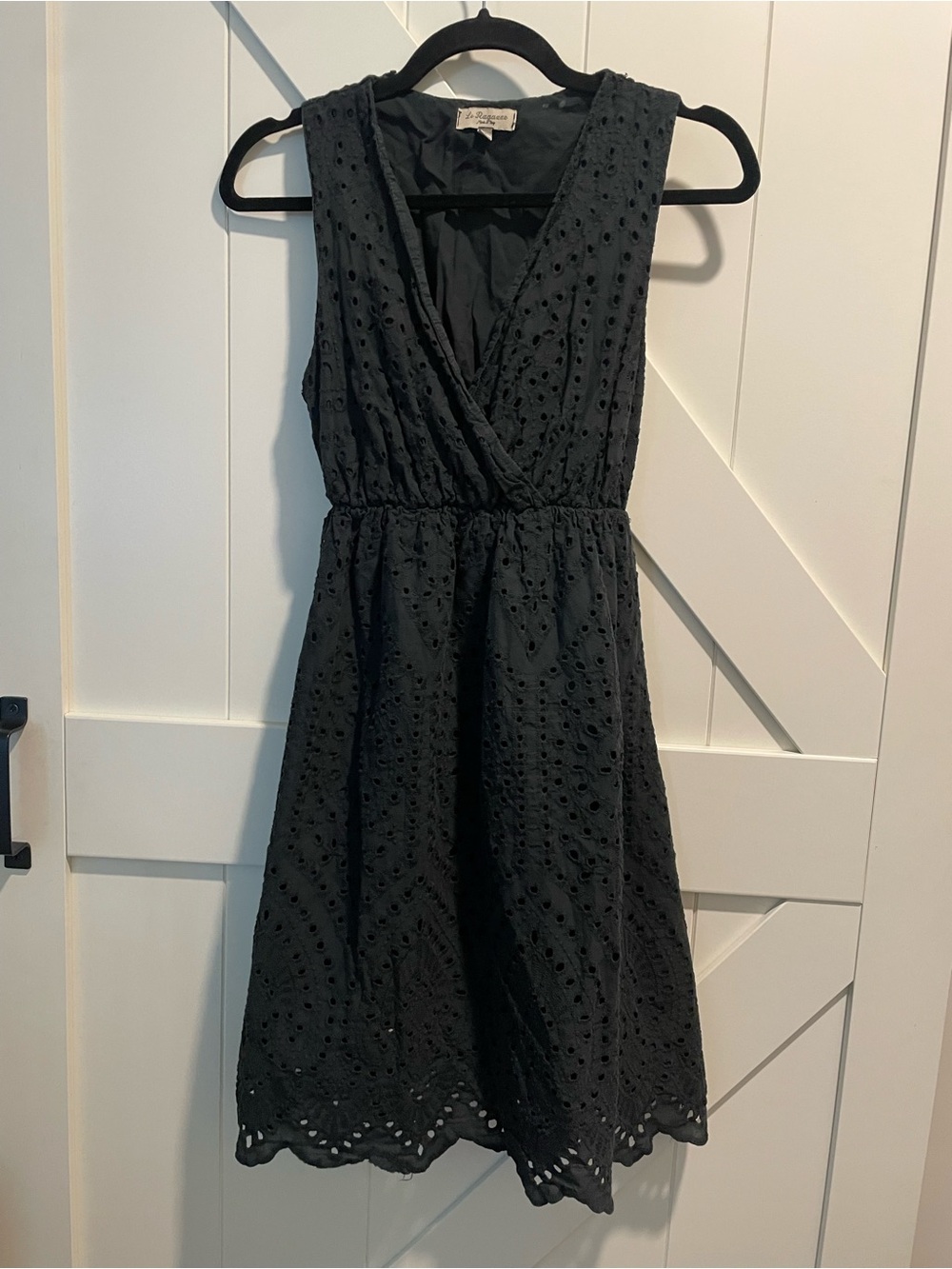 Black Eyelet Faux-Wrap Midi Dress